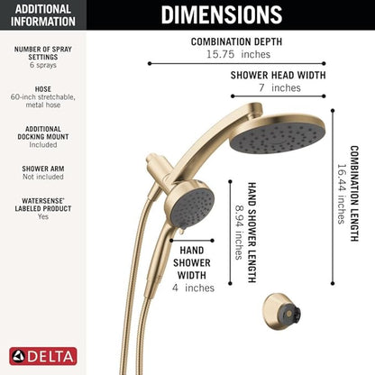 Delta 6-Setting PivotPro 3-in-1 Combination Shower Head with ProClean Spray, Brushed Gold Round Shower Head Rainfall with Handheld Spray, 1.75 GPM, Champagne Bronze 75648CZ