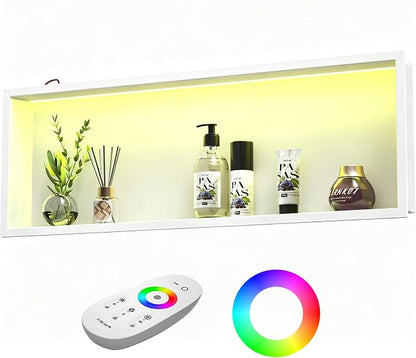 Stainless Led Shower Niche 36"x12" White RGB Light No Tile Needed | 304 stainless steel shower niche,recessed dimmable niche shower,Led driver & remote control included,dropped in niche