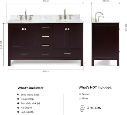 ARIEL Cambridge 60-inch Bathroom Vanity with Sink,Solid Wood, 0.75-inch Italian Carrara Marble Countertop, Double Rectangular Porcelain Sink, 4 Soft Closing Doors, 6 Dovetail Drawers, Espresso
