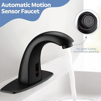 Touchless Bathroom Sink Faucets, Automatic Motion Sensor Sink Faucet with Hole Cover Deck Plate, Commercial Sink Faucet for Bathroom (Black)