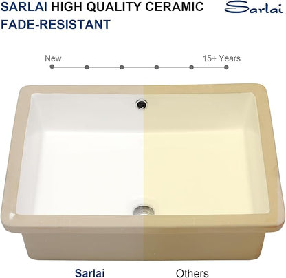 Sarlai Undermount Bathroom Sink - 22"x16" Vanity Sink Pure White Rectangular Undermount Vessel Sink Porcelain Ceramic Lavatory Vanity Bathroom Sink