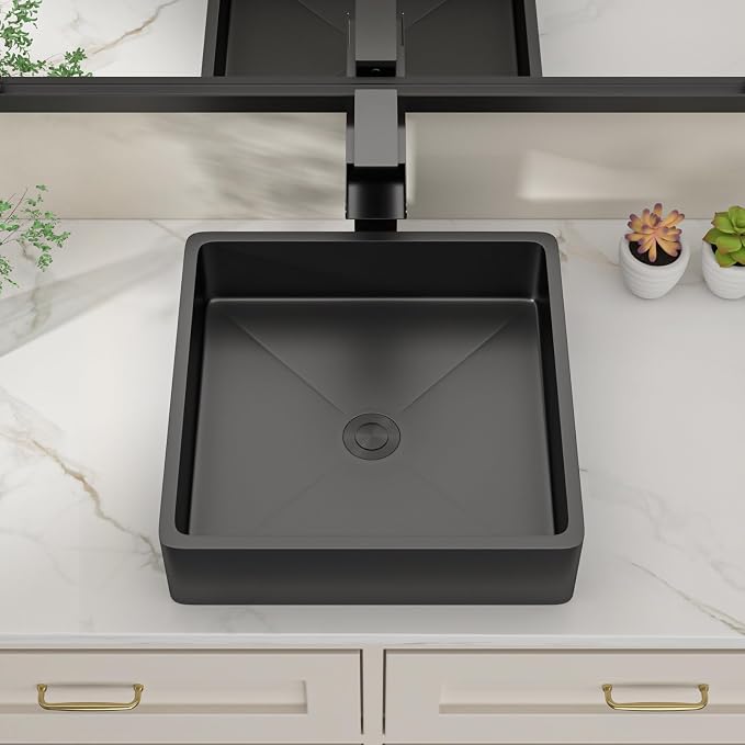 Dcolora 15 In. Black Drop In Bathroom Vessel Sink, 16 Gauge Stainless Steel Vanity Sink with Drain Assembly, R10 Rounded Corners,15”D x 15”W x 4”H #DC-VS261201