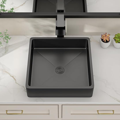Dcolora 15 In. Black Drop In Bathroom Vessel Sink, 16 Gauge Stainless Steel Vanity Sink with Drain Assembly, R10 Rounded Corners,15”D x 15”W x 4”H #DC-VS261201