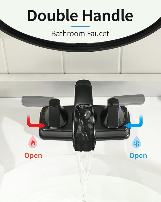 Fapully Matte Black Bathroom Faucet, Waterfall Bathroom Sink Faucet Widespread, 4 Inch Centerset Faucet for Bathroom Sink with Pop-up Drain