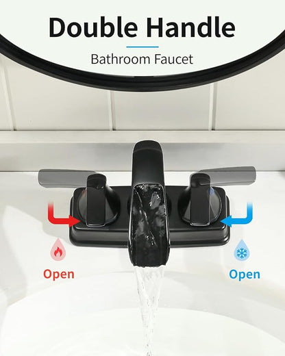 Fapully Matte Black Bathroom Faucet, Waterfall Bathroom Sink Faucet Widespread, 4 Inch Centerset Faucet for Bathroom Sink with Pop-up Drain
