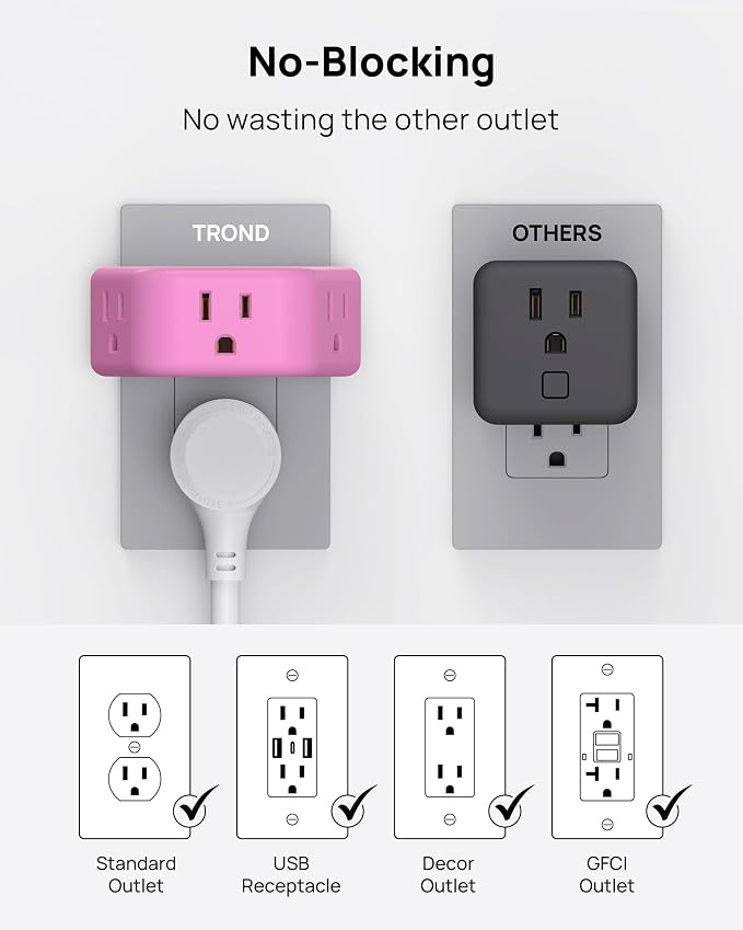 TROND Pink Outlet Extender with 3-Prong Grounded Sockets, for Tight Spaces | 3 Way Angled Plug Splitter, Compact and Practical Multiple Wall Expander for Home Travel Cruise Essentials