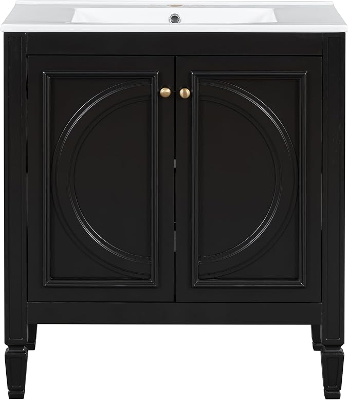 Christopher Knight Home Benton 30" Bathroom Vanity with Ceramic Sink, Rubberwood Frame, Adjustable Shelves, Soft Close Door Hinges, Storage Cabinet with 2-Tier Door Organizer, 1 Drawer, Black