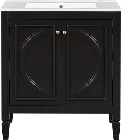 Christopher Knight Home Benton 30" Bathroom Vanity with Ceramic Sink, Rubberwood Frame, Adjustable Shelves, Soft Close Door Hinges, Storage Cabinet with 2-Tier Door Organizer, 1 Drawer, Black