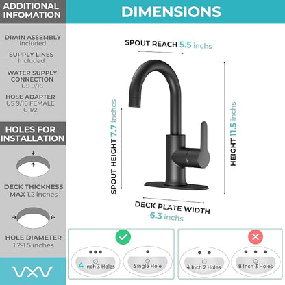 VXV Black Bathroom faucets Single Handle 360° Swivel Gooseneck Spout Optional Deckplate Bar Sink Faucet with Pop-up Drain and Hoses Matte Black