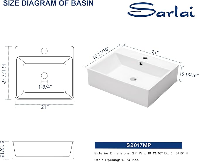 Sarlai Wall Mount Vessel Sink - 21 x 16 Inch Wall Mounted Bathroom Sink White Wall Hung Rectangle Porcelain Sink With Overflow Ceramic Basin Floating Lavatory Sinks