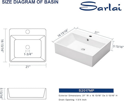 Sarlai Wall Mount Vessel Sink - 21 x 16 Inch Wall Mounted Bathroom Sink White Wall Hung Rectangle Porcelain Sink With Overflow Ceramic Basin Floating Lavatory Sinks