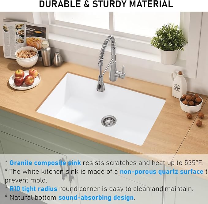 33 Inch White Undermount Kitchen Sink | 33x19 Granite Composite Kitchen Sink Quartz Undermount Single Bowl Deep Kitchen Sink with Countertop Squeegee Brush Combo