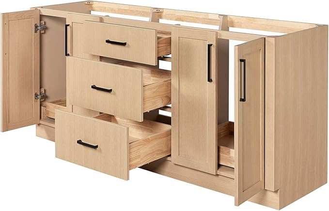 ARIEL Loren 72-inch Bathroom Vanity with Sink,Solid Wood, 1.5-inch Carrara White Quartz Countertop, Double Rectangular Porcelain Sink, 4 Soft Closing Doors, 3 Dovetail Drawers, Natural Oak