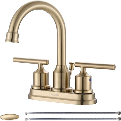 WOWOW Brushed Gold Bathroom Faucet 4 Inch Ceterset Bathroom Sink Faucet 3 Hole Vanity Faucet 2 Handle Basin Faucet with Drain Tall Mixer Tap Modern
