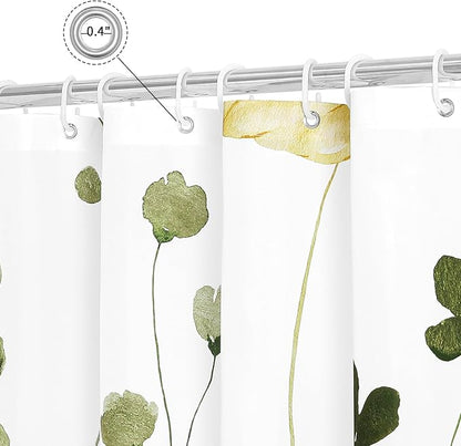Olive Green Beige Watercolor Floral Fabric Shower Curtain, 72x78 | Waterproof Fabric, Modern Minimalist Floral Print, Machine Washable, Rustproof Grommets, Fade Resistant, for Bath Home