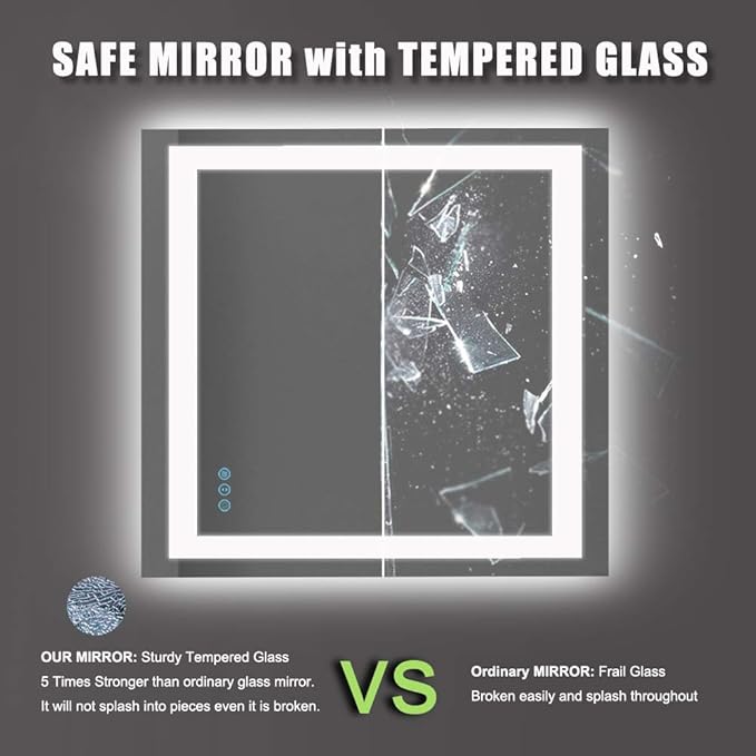 LED Bathroom Mirror 36"X36" with Front Light and Backlit | Stepless Dimmable, Anti-Fog, Shatter-Proof, HD Reflection, Memory, 3 Colors Lighting Square Mirror, UL Listed