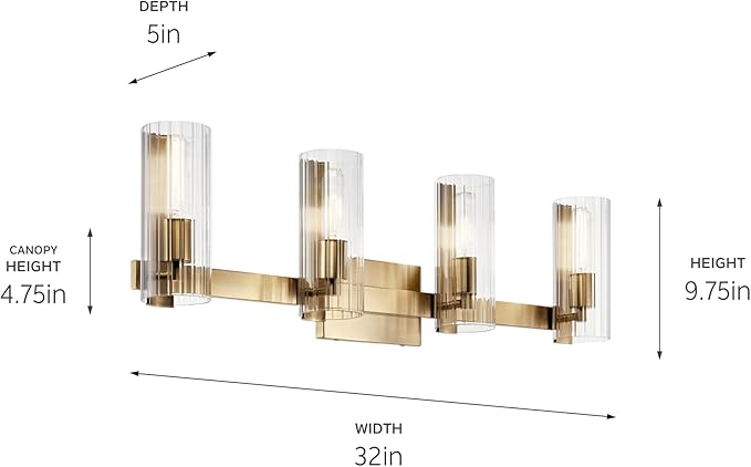 Kichler Jemsa 32" Vanity Light, 4-Light Modern Bathroom Light Fixture with Clear Fluted Glass in Champagne Bronze, for Bathroom or Powder Room, (9.75" H x 32" W), 55169CPZ