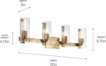 Kichler Jemsa 32" Vanity Light, 4-Light Modern Bathroom Light Fixture with Clear Fluted Glass in Champagne Bronze, for Bathroom or Powder Room, (9.75" H x 32" W), 55169CPZ