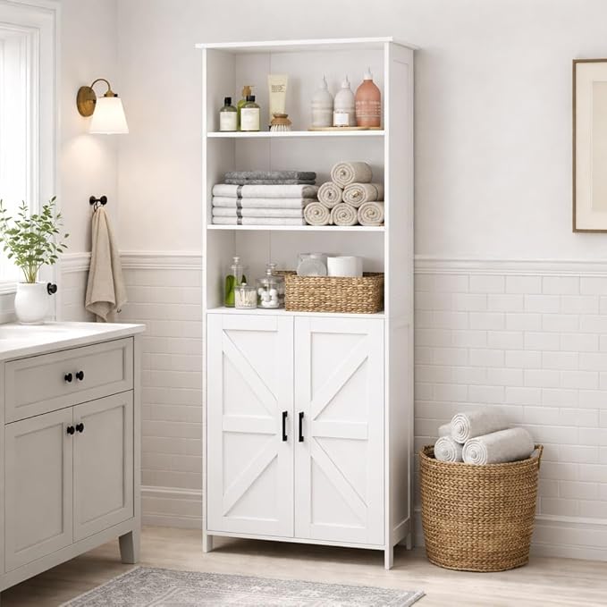 Homhedy 67" Tall Bathroom Storage Cabinet, Freestanding Farmhouse Cabinet with 2 Doors and Shelves, Bathroom Organizers and Storage for Kitchen, Living Room, Laundry Room, White