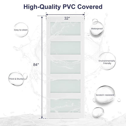 SMARTSTANDARD 32 x 84 in Glass Barn Door with 6FT Silver Sliding Hardware | Brushed Nickel Sliding Hardware Kit & Handle, Pre-Drilled Ready to Assemble, Waterproof PVC Coating, White, 5-Panel Glass