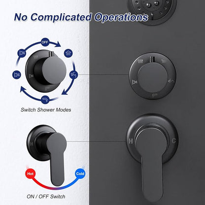 ROVATE Matte Black LED Rainfall Waterfall Shower Panel Tower System with Shelf - Powerful Stainless Steel Shower Column with Mist and Massage Body Jets, Handheld, Waterfall Tub Spout