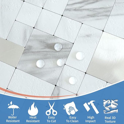 DICOFUN 1 Sheet White Marble Look Peel and Stick Tile Backsplash, Mixed Metal Silver Chips Kitchen and Bathroom Tiles, Stick on Backsplash for Stove