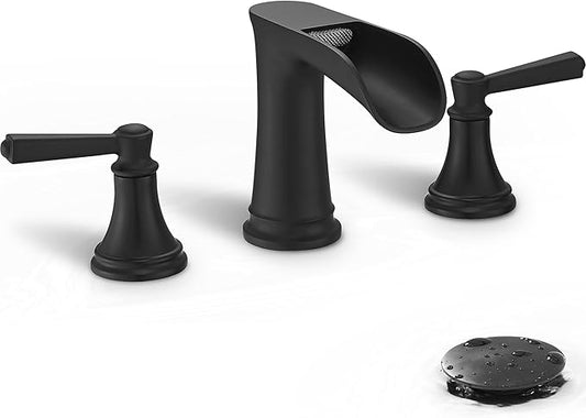 8 Inch Matte Black Bathroom Faucet 3 Hole, Brass Waterfall Bathroom Sink Faucet Widespread 2 Handle with Pop up Drain & Pre-Installed cUPC Supply Lines for Lavatory, 10 Mins Quick Install