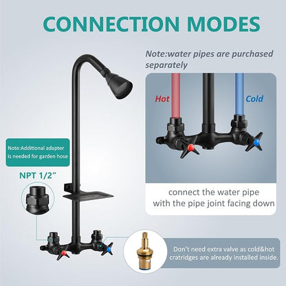 Aolemi Outdoor Shower Kit,2-Handle with Soap Dish,Matte Black | Solid Brass Showerhead and Valve,SUS304 Riser,6-Inch Centers,Soap Dish,Reversible Upward/Downward Exposed Shower Install