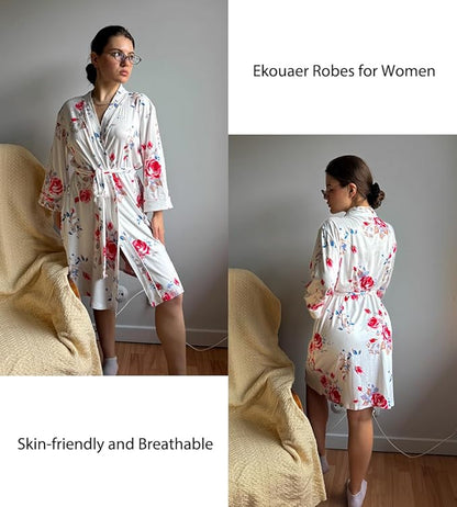 Ekouaer Women Kimono Robes Knee Length Knit Bathrobe Lightweight Soft Sleepwear V-neck Casual Ladies Loungewear