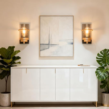 Rose Gold and Black Wall Sconce, Modern Vanity Light Fixture | Hardwired,E26 base,mid-century clear glass sconce for mirror.hallway.bathroom.fireplace