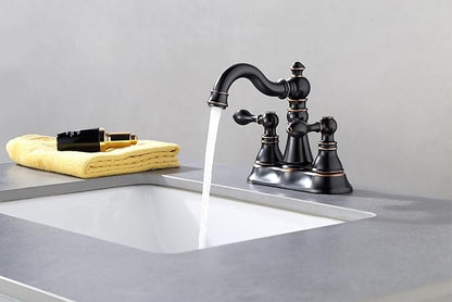 Two Handle Oil Rubbed Bronze Bathroom Sink Faucet 3 Hole with Pop up Drain Assembly, Classic 4 Inch Centerset Bathroom Lavatory Faucet with 360° Swivel Spout,EW-516-NB
