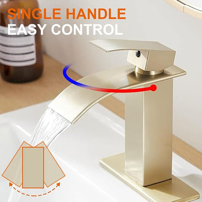 Gold Bathroom Faucet, Waterfall Bathroom Sink Faucet, Single Hole Deck Mounted Single Handle Lavatory Vanity with Pop Up Drain Parts Mixer Tap Basin Modern Bath Brushed Gold
