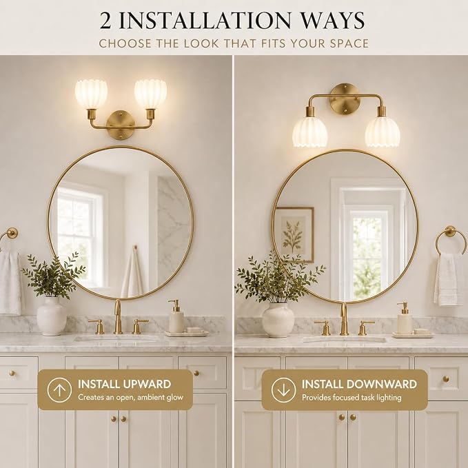 2-Light Gold Brass Bathroom Light Fixture,Wall Sconces,Brushed Gold Vanlity Light Over Mirror,Bathroom Vanity Light with White Glass Flower Shade,E26 Socket(Bulbs Not Included)