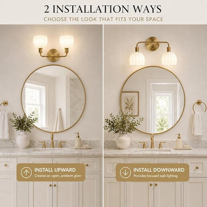 2-Light Gold Brass Bathroom Light Fixture,Wall Sconces,Brushed Gold Vanlity Light Over Mirror,Bathroom Vanity Light with White Glass Flower Shade,E26 Socket(Bulbs Not Included)