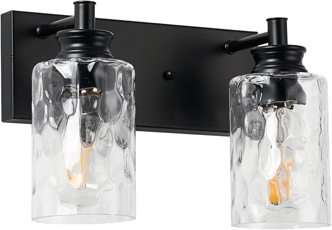 2 Light Bathroom Vanity Light Modern Black Bathroom Light Fixtures Over Mirror with Hammered Glass Lampshade for Kitchen Hallway