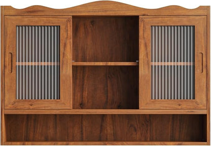 KEIKI 35.4" L Wall Mounted Kitchen Sideboard Cabinet with 2 Sliding Glass Door, 3 Layers Shelves, Retro Storage Buffet Medicine Cabinet for Bathroom, Dining Rooms, Entryway, Solid Wood, Walnut