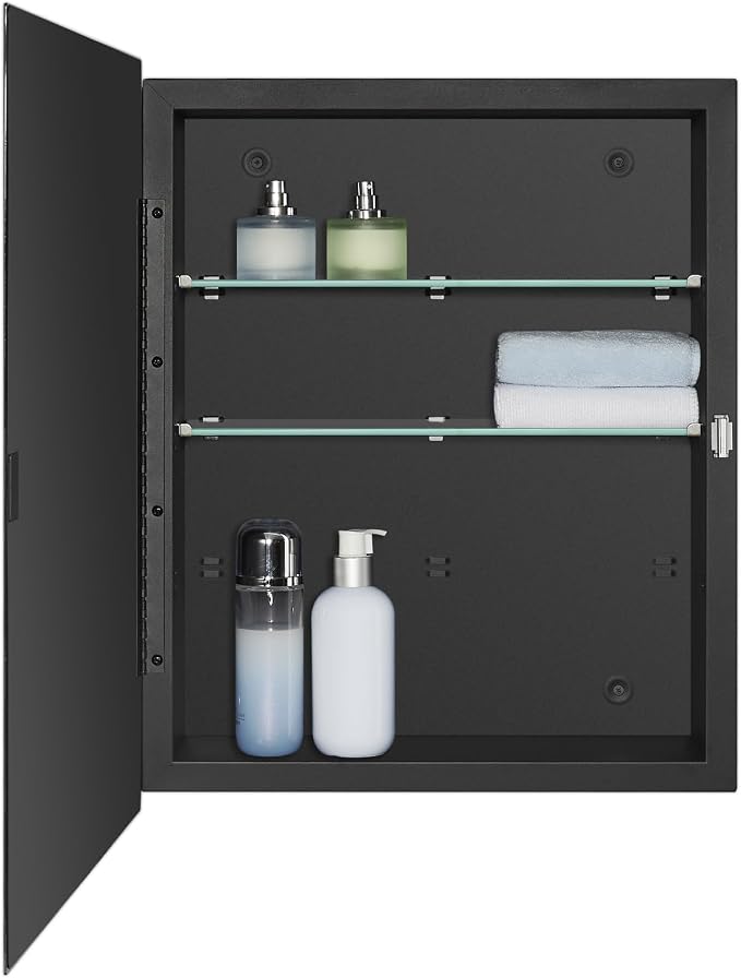 IDYLLOR Black Bathroom Medicine Cabinet with Beveled Edge Mirrored Door 16 x 20 inch, Recessed or Surface Mount, with Adjustable Glass Shelves