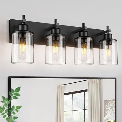 4-Light Black Bathroom Light Fixture Over Mirror Modern Farmhouse Bathroom Vanity Light Vintage Wall Lighting with Clear Glass Shade for Bathroom, Bedroom, Hallway, Cabinet