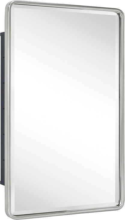 TEHOME Farmhouse Brushed Nickel Metal Framed Recessed Bathroom Medicine Cabinet with Mirror Rounded Rectangle Medicine Cabinet with Beveled Mirror 16x24''