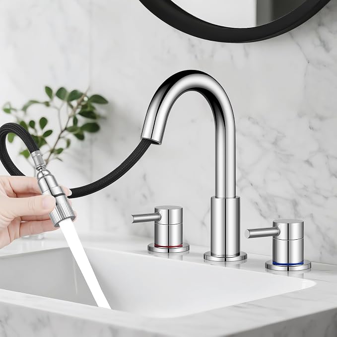 Pull-Down Bathroom Faucet 3 Hole 8 Inch with Pop-Up Drain,Chrome | 360° Swivel Spoutr & Dual Modes,8" Widespread 2-Handle, Pop-Up Drain & 10-Min Install for 3-Hole Bathroom Sink Faucets.