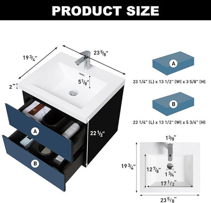 Pre-Assembled 24'' Wall Mounted Bathroom Vanity with Sink, Glossy Black | Floating Bathroom Vanity with Solid Surface Top Basin, 2 Soft-Close Drawers, Resin Integrated Sink, Easy to Install & Clean