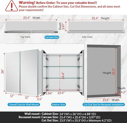 Quavikey Medicine Cabinet with Mirror for Bathroom 2 Doors Aluminum Surface Mount or Recessed Mirror Medicine Cabinet 24x26 Inch, Silver