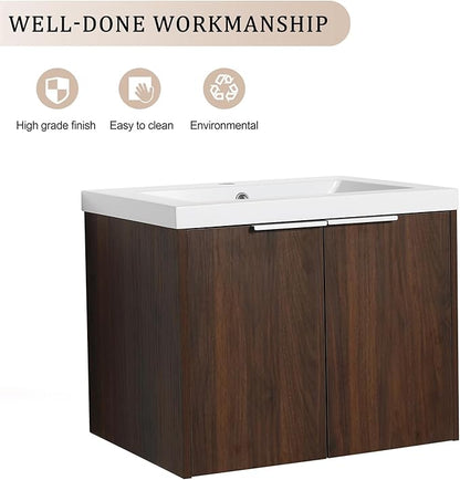 24in Wall Mount Bathroom Vanity w/Sink Combo for Small Space, Resin Countertop Double Door Modern Walnut Bathroom Vanity Cabinet