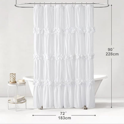 Cute White Ruffle Shower Curtain Vintage Farmhouse Linen 72" W x 90" H | Linen Blend Fabric, Ruffle Bow and Ruffled Hem，Linen Texture，Machine Washable，12 Metal Holes and Plastic Hooks