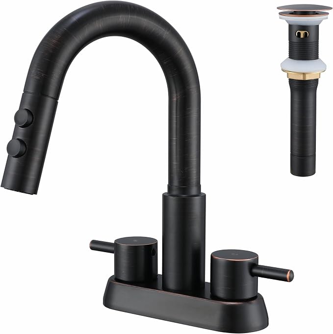 Bathroom Faucet with Sprayer, Oil Rubbed Bronze 2 Handles with Pop-Up Drain | Kablle 3 Holes Pull Out 4 inch Centerset Laundry Bar Basin Pull Out Faucet with Pop-Up Drain, KBL-MP-6002ORB-CL