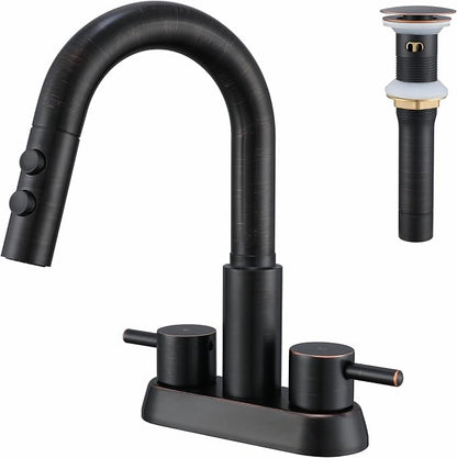 Bathroom Faucet with Sprayer, Oil Rubbed Bronze 2 Handles with Pop-Up Drain | Kablle 3 Holes Pull Out 4 inch Centerset Laundry Bar Basin Pull Out Faucet with Pop-Up Drain, KBL-MP-6002ORB-CL