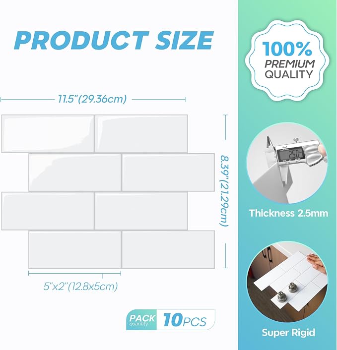 STICKGOO 10 Sheets Subway Tile Peel and Stick Backsplash,White Extra Thick 3D Wall Tiles with Commercial-Grade Adhesive for Kitchen, Bathroom, Laundry Room,11.56"x8.38"