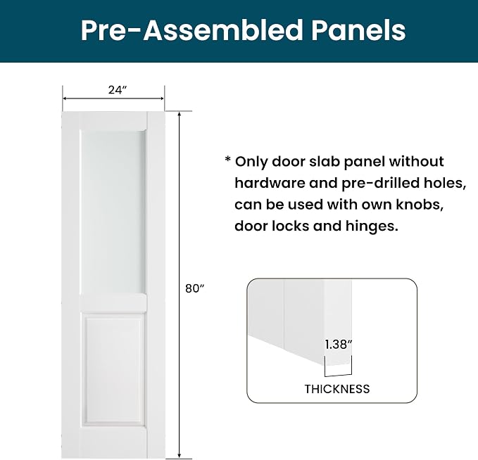 SMARTSTANDARD 24" x 80" Frosted Glass Interior Door Slab, Solid Core | Pre-Assembled French Slab Door for Pantry Laundry Closet Bathroom, without Hardware, White Primed, Paintable Surface