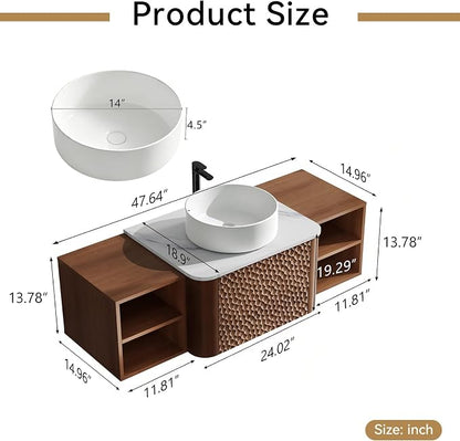 48 Inch Modern Bathroom Vanity with Ceramic Sink, Floating Bathroom Sink Cabinet with Sintered Stone Top&Solid Wood Hammered Frame, Single Bathroom Vanities w/Soft-Close Drawer&2 Side Open Cube