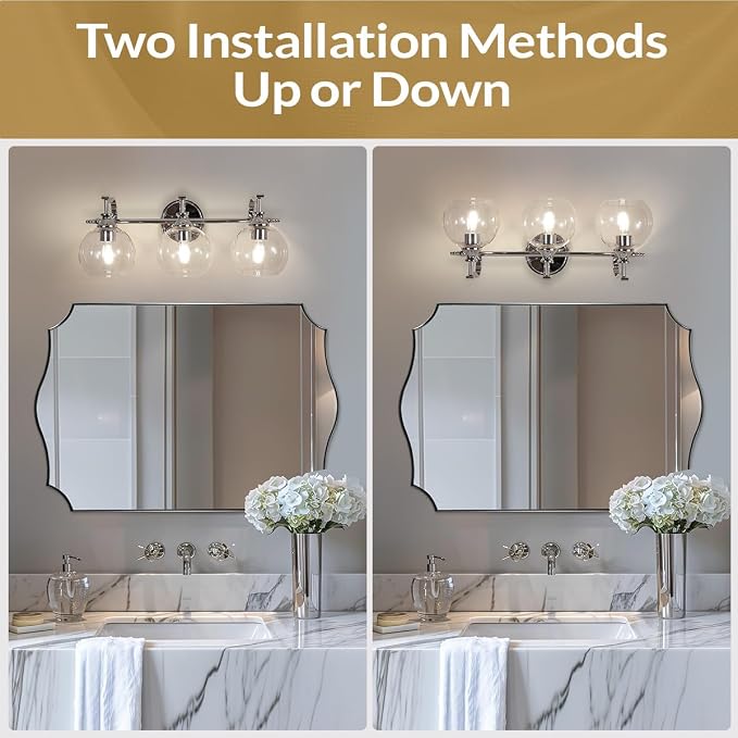 Chrome Vanity Light, 3-Light Polished Silver Bathroom Light Fixture Over Mirror, Modern Wall Sconce with Clear Glass Shade, Industrial Wall Lighting for Living Room, Bedroom, Hallway, 22.3"
